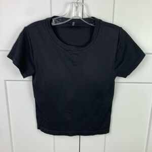 Calia LARGE Seamless Cropped T Shirt Ribbed Black Short Sleeve Built In Bra